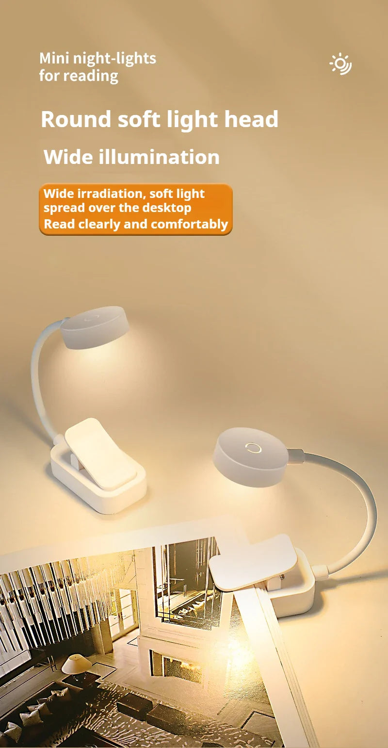 Portable LED Book Lights Eye Protection Night Light Mini 360°Clip-On Desk Reading Battery Lamp Travel Bedroom