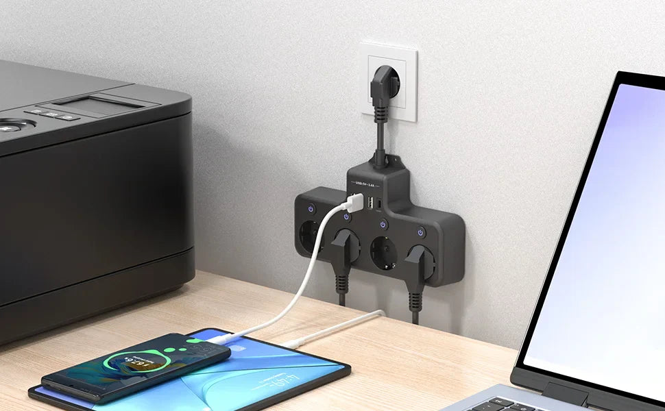 European plug power strip multi-contact socket with 3 USB and 1Type-C ports household power socket with switch surge protector