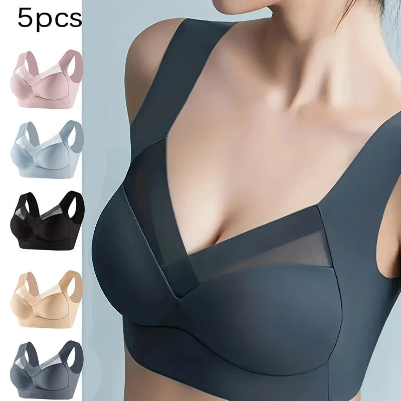 5PCS/Set Women Sexy Bras Full Cup Sports Top Soft Seamless Brassiere Lace Sexy Lingerie V Neck Intimates Underwear Plus Size Bra
