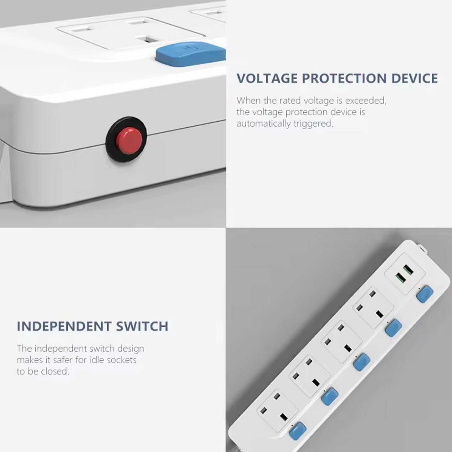 Surge Protected Extension Lead 4 Gang With 2 USB Way Power Cable Plug Sockets