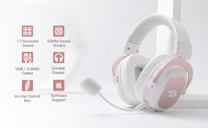 Redragon H510 Zeus White Wired Gaming Headset - 7.1 Surround Sound Memory Foam Ear Pads 53MM Drivers