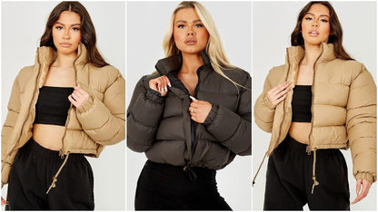 WOMENS LADIES QUILTED WINTER COAT THICK PUFFER PADDED CROP HOODED JACKET PARKA