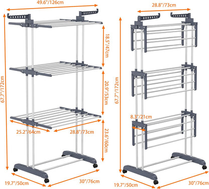 Airer Clothes Drying Rack,4-Tier Foldable Clothes Hanger Adjustable Large Stainless Steel Garment Laundry Racks for Indoor Outdoor