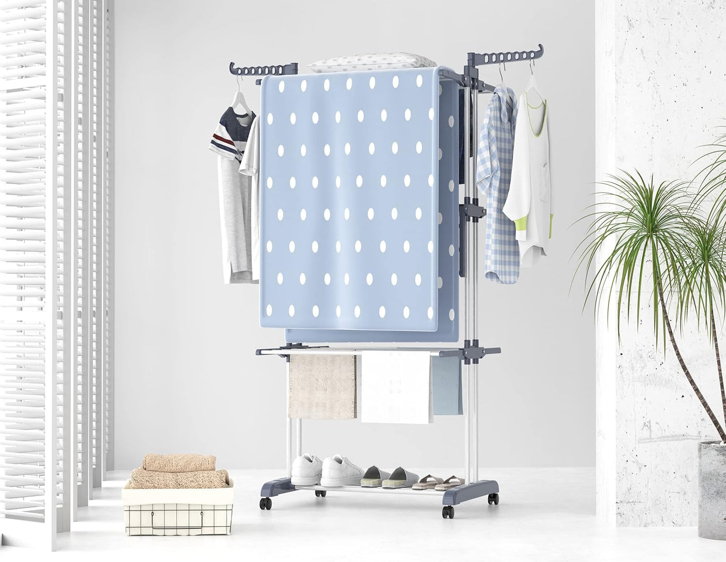 Airer Clothes Drying Rack,4-Tier Foldable Clothes Hanger Adjustable Large Stainless Steel Garment Laundry Racks for Indoor Outdoor