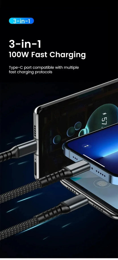 3 In 1 100w Transparent Fast Charging Cable Type C Usb Micro For Iphone Samsung Huawei Xiaomi Pilot Lamp Charger Usb C 6A
