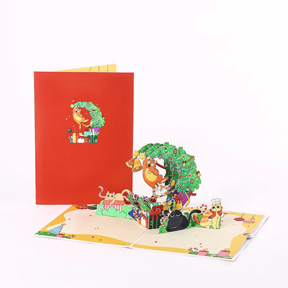 Cat Xmas Party Greeting Cards Christmas TreeThree-dimensional Pop Up Card  With Envelope 3D Postcard Holiday Supplies
