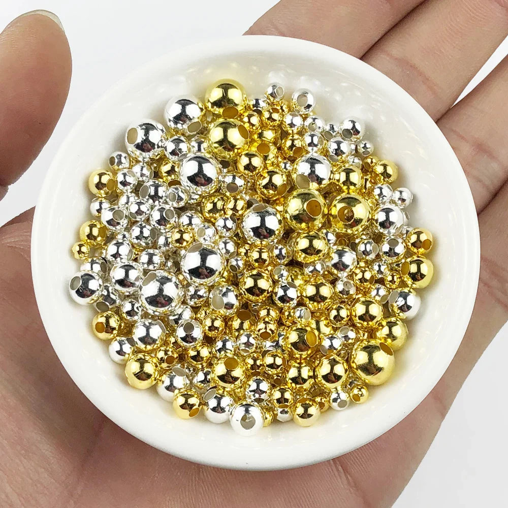JHNBY Gold Plated Metal beads 2/3/4/5/6/8MM Round Iron Spacer Loose Beads For Jewelry Bracelets Necklace Making DIY Accessories
