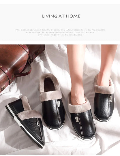 Men's Big Size Winter Slippers Home PU Leather Shoes for Men Indoor Waterproof Fur Cotton Male Bedroom Slipper Flat Houseshoes