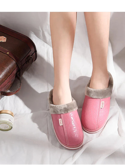 Men's Big Size Winter Slippers Home PU Leather Shoes for Men Indoor Waterproof Fur Cotton Male Bedroom Slipper Flat Houseshoes