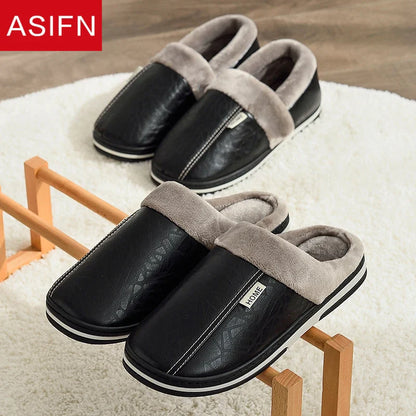 Men's Big Size Winter Slippers Home PU Leather Shoes for Men Indoor Waterproof Fur Cotton Male Bedroom Slipper Flat Houseshoes