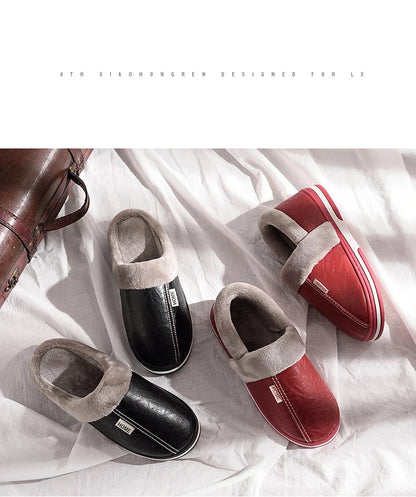 Men's Big Size Winter Slippers Home PU Leather Shoes for Men Indoor Waterproof Fur Cotton Male Bedroom Slipper Flat Houseshoes