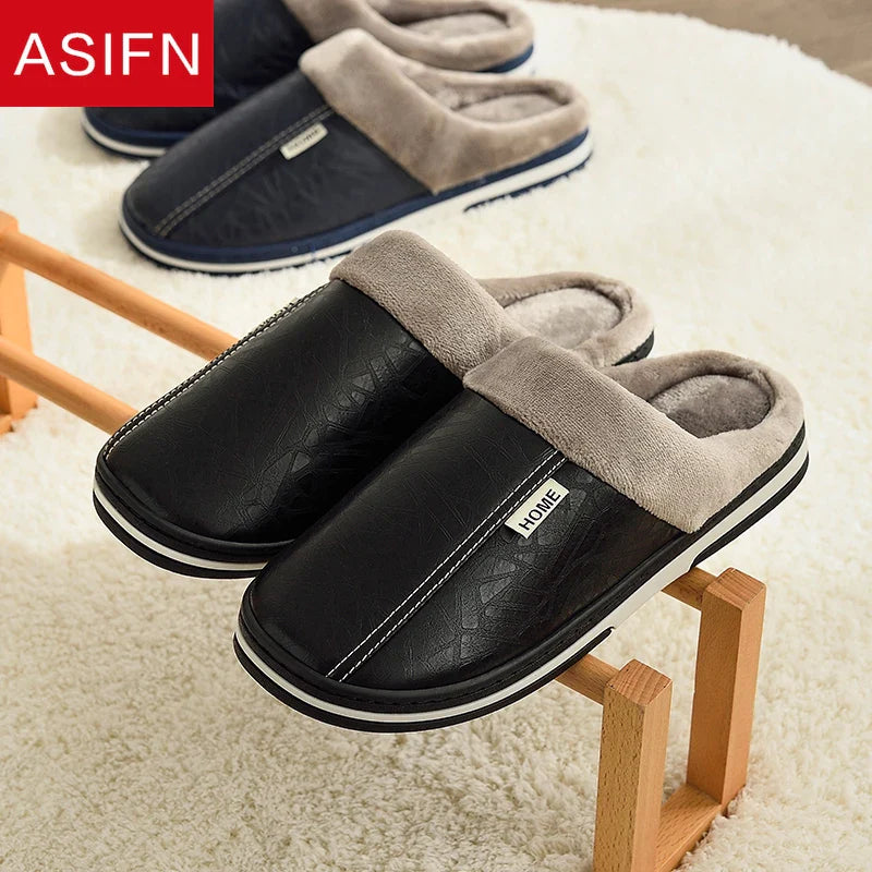 Men's Big Size Winter Slippers Home PU Leather Shoes for Men Indoor Waterproof Fur Cotton Male Bedroom Slipper Flat Houseshoes