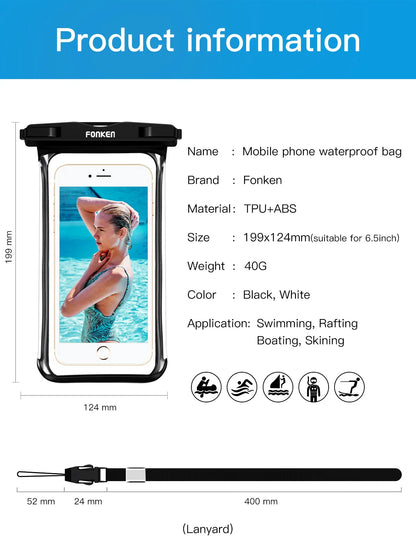 FONKEN Full View Waterproof Case for Phone Underwater Snow Rainforest Transparent Dry Bag Swimming Pouch Big Mobile Phone Covers