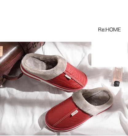 Men's Big Size Winter Slippers Home PU Leather Shoes for Men Indoor Waterproof Fur Cotton Male Bedroom Slipper Flat Houseshoes