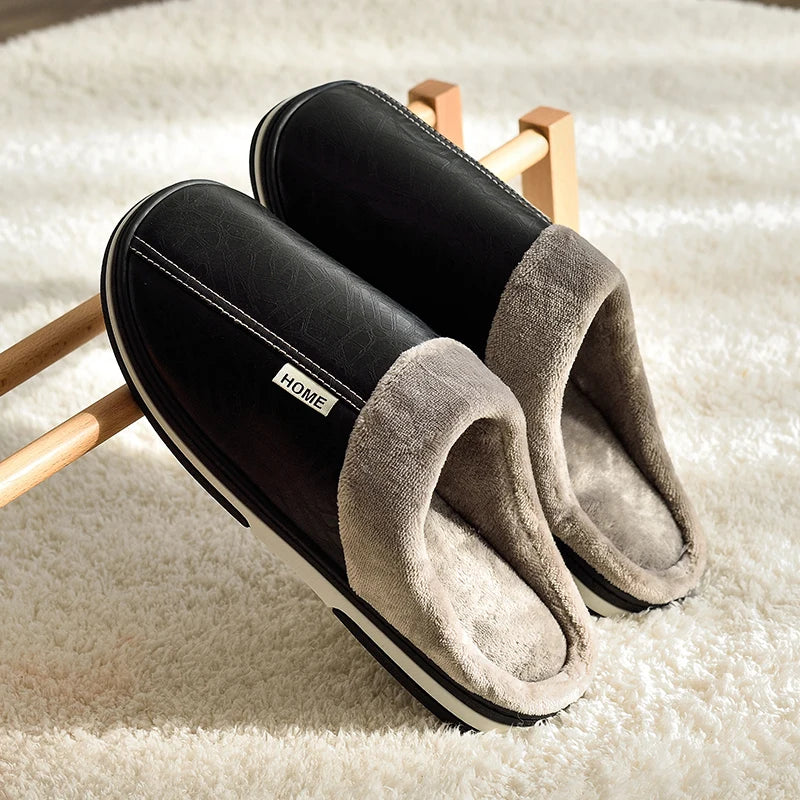 Men's Big Size Winter Slippers Home PU Leather Shoes for Men Indoor Waterproof Fur Cotton Male Bedroom Slipper Flat Houseshoes