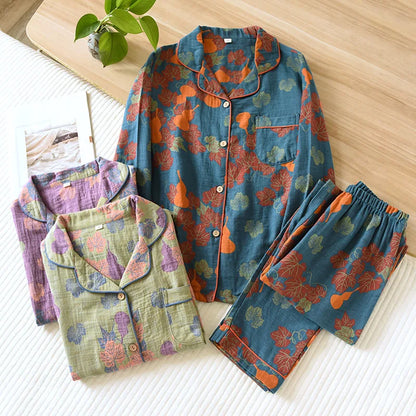 Japanese Spring and Autumn New Women's Pajama Set 100% Cotton Vintage Long Sleeved Pants Two Piece Set for Home Furnishings