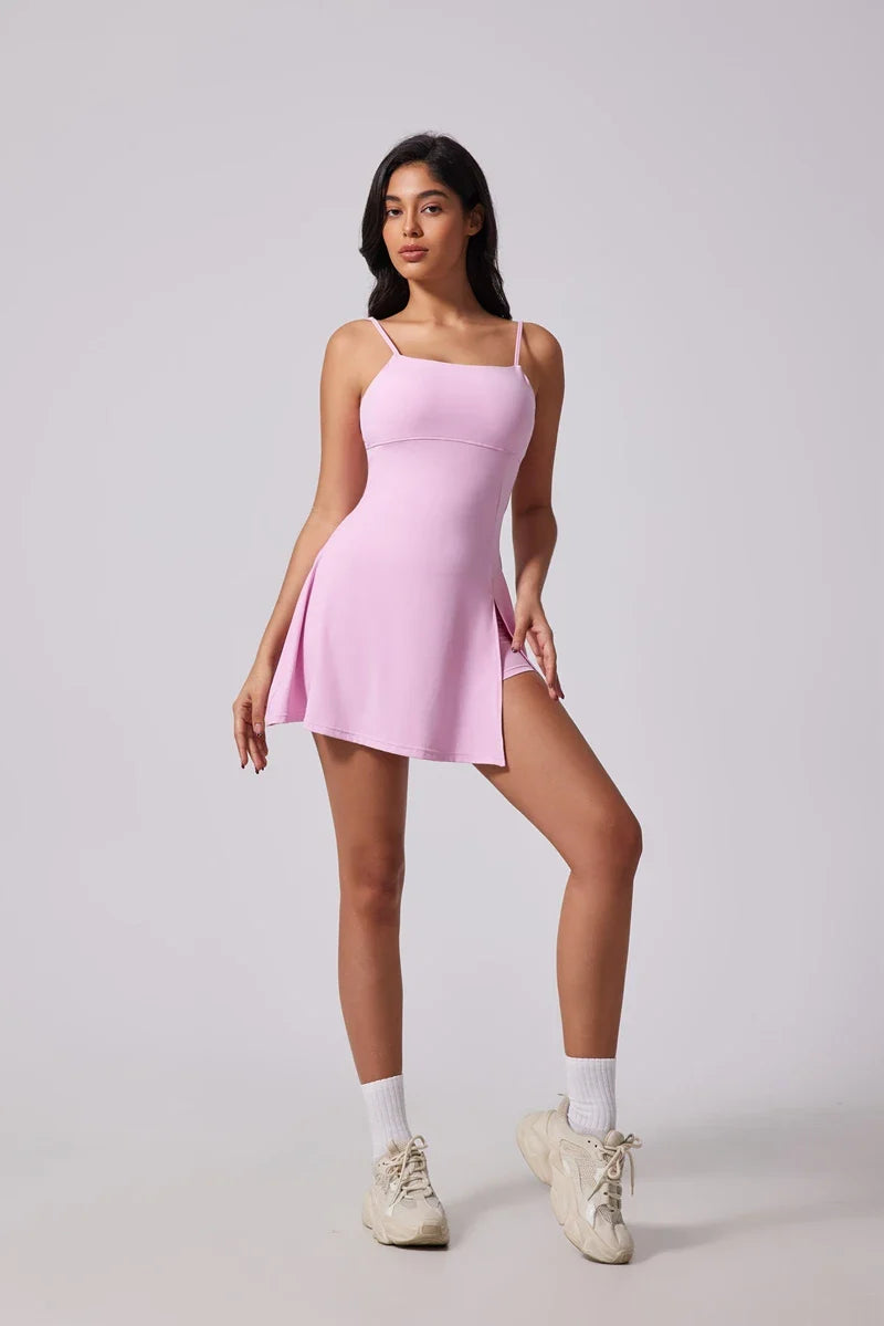 QINACTIVE Women's sports beautiful back dress Removable chest cushion cushion breathable outdoor yoga tennis skirt