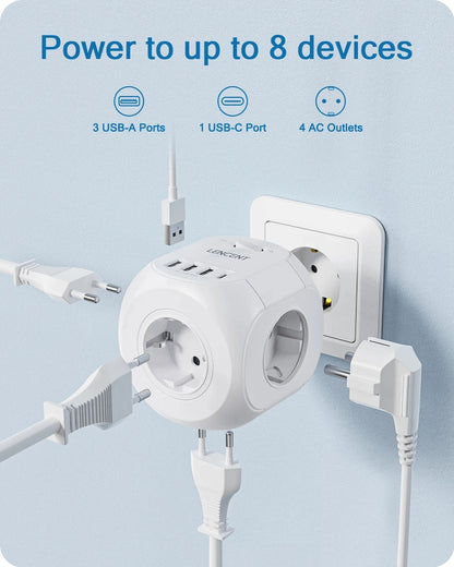 LENCENT EU Plug Wall Socket Extender with 4 AC Outlets+3 USB +1 Type C 5V/3A Charger Adapter 8-in-1 Socket On/Off Switch