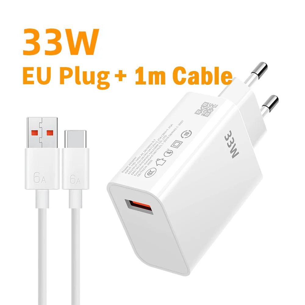 33W USB Charger Quick Charge Mobile Phone Power Adapter For Xiaomi Huawei 6A USB Type C Cable QC 3.0 Fast Charger Data Cable Set