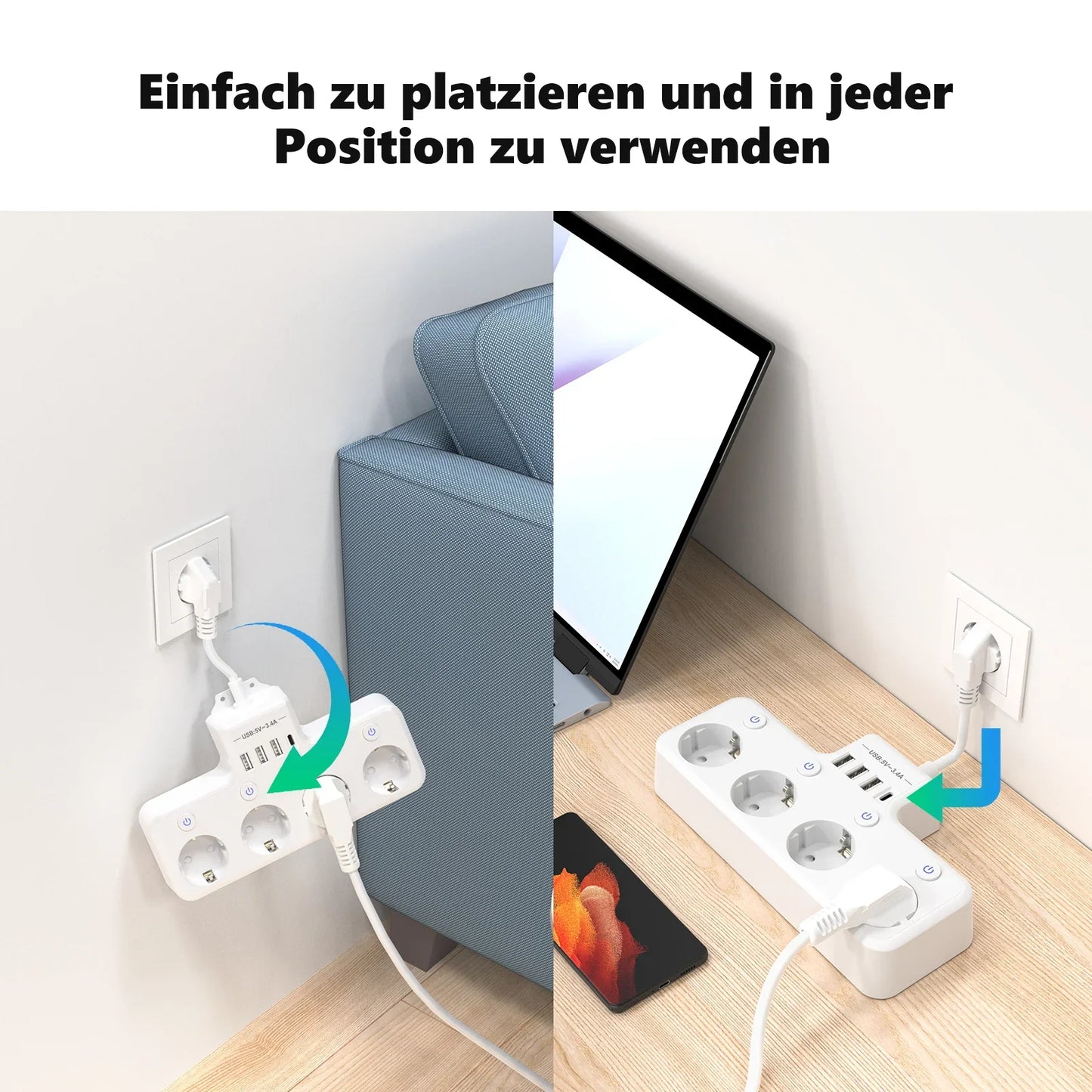 European plug power strip multi-contact socket with 3 USB and 1Type-C ports household power socket with switch surge protector