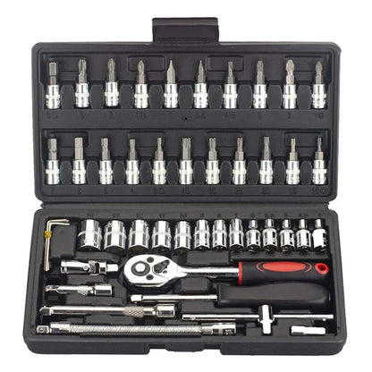 46pc Drive Socket Set 1/4 inch Ratchet Wrench Set with Sockets Metric Hex Bit Socket Set Mechanic Tool Kits for Hous Auto Repair