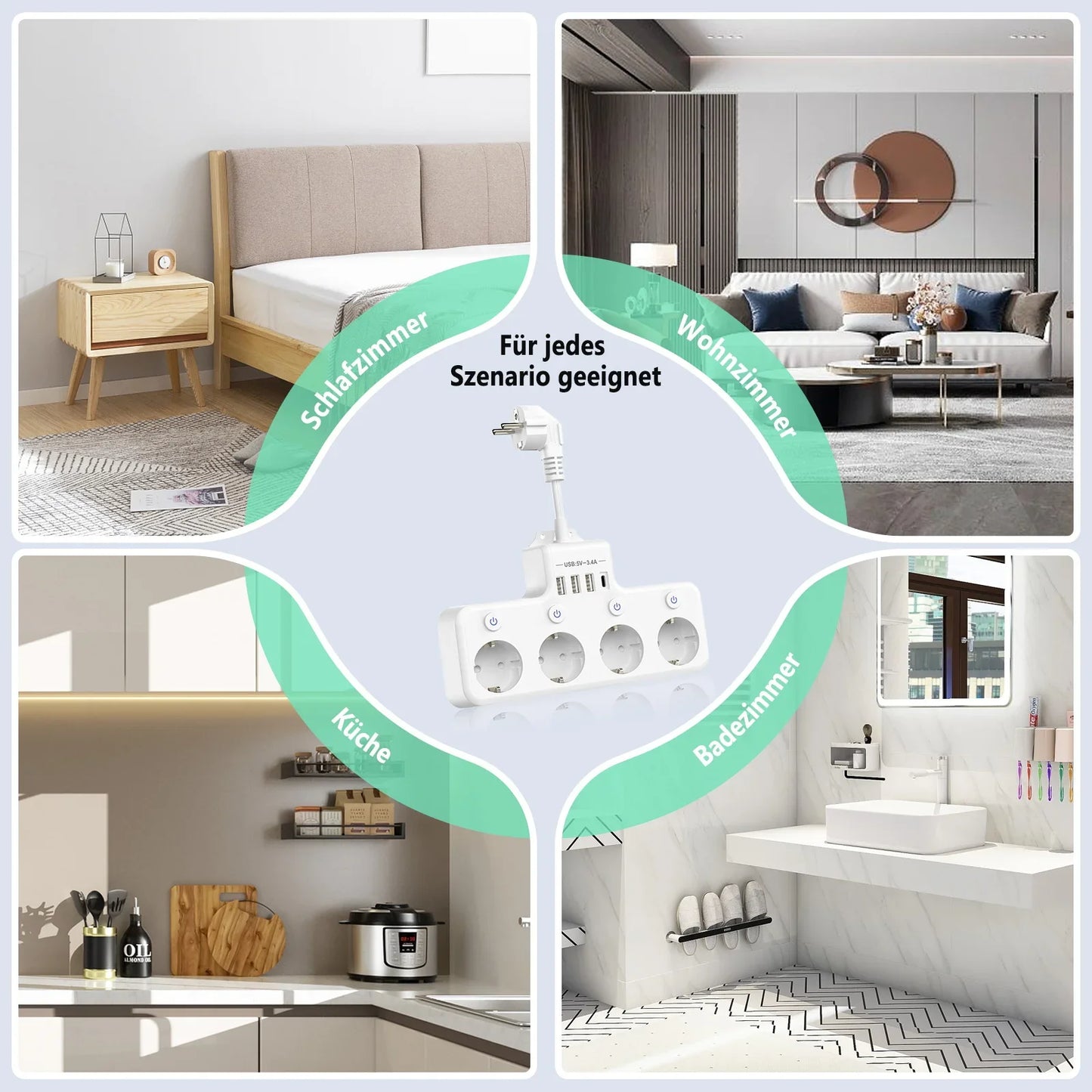 European plug power strip multi-contact socket with 3 USB and 1Type-C ports household power socket with switch surge protector