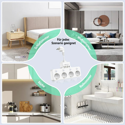 European plug power strip multi-contact socket with 3 USB and 1Type-C ports household power socket with switch surge protector