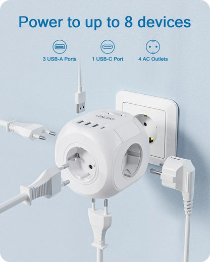 LENCENT EU Plug Wall Socket Extender with 4 AC Outlets+3 USB +1 Type C 5V/3A Charger Adapter 8-in-1 Socket On/Off Switch