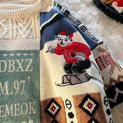 Christmas Sweater Men's Winter Loose-fit Casual Style Knitted Top Jacket American Vintage Fleece-lined Thickened Line Clothes