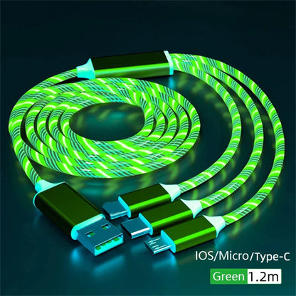 NNBILI Glowing LED Light USB 3 IN 1 cable Phone Fast Charging Charger Luminous Type C Cable For Xiaomi iPhone Phone Accessories