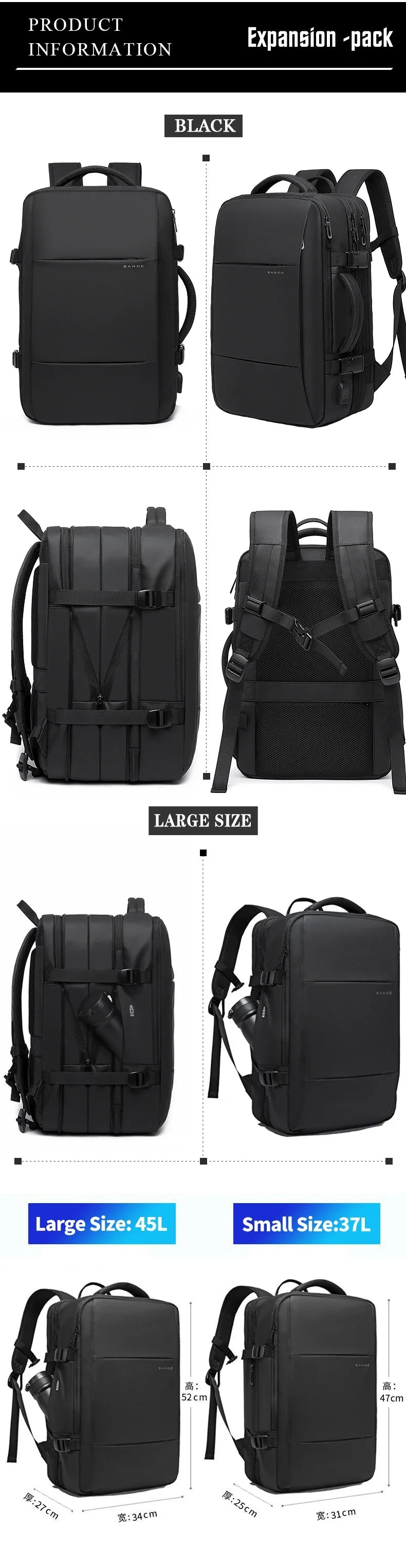 BANGE Aesthetic Men Business Backpack School Expandable USB Bag, Large Capacity 17.3 Laptop Waterproof Fashion Travel Backpack
