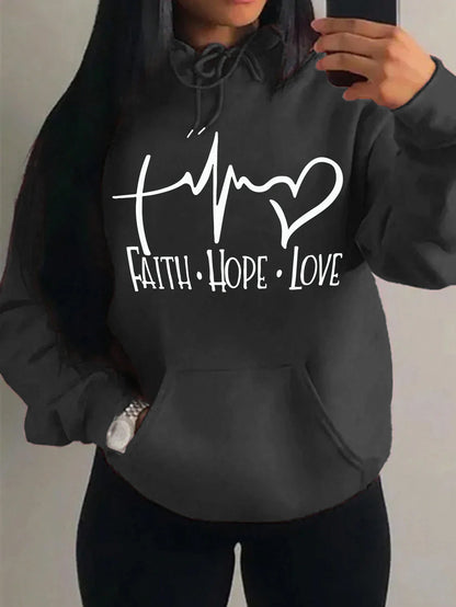 Faith Hope Love Letter Graphic Women Hoody Street Casual Loose Sweatshirt Autumn Fleece Hooded Hip Hop O-Neck Clothing Female