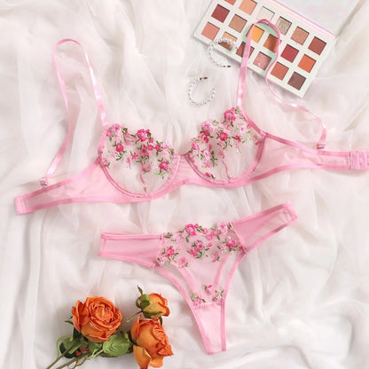 Women Floral Embroidory Underwear Set Sexy Lace Erotic Lingerie Female Bra And Brief Transparent Sensual Push Up Panty Patchwork