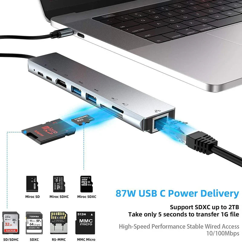 8in1 USB C HUB Type C Splitter 4K Thunderbolt 3 Docking Station Laptop Adapter For Macbook Air M1 iPad Pro RJ45 HDMI Computer