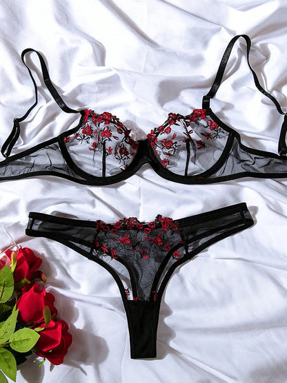 Women Floral Embroidory Underwear Set Sexy Lace Erotic Lingerie Female Bra And Brief Transparent Sensual Push Up Panty Patchwork