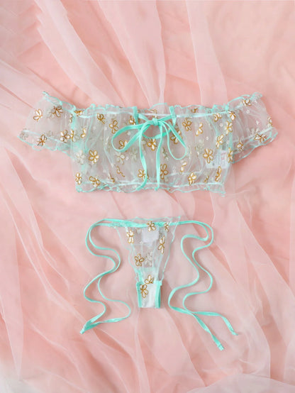 Sexy Fancy Lingerie Set 2 Pieces Transparent Halter Off Shoulder Women's Underwear Beautiful Daisy Print Bra And Panty Sets