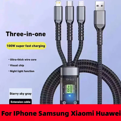 Luminous data cable 3 in1 mobile phone charging cable 100W fast charge braid typec data cable for iPhone Samsung Xiaomi Huawei