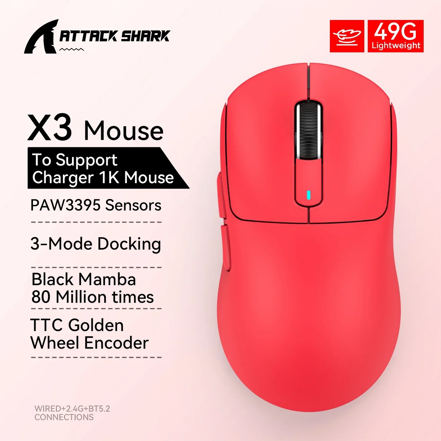 X3 PixArt PAW3395 49g Lightweight Mouse Wiredless Tri-Mode Connection, 26000dpi, 650IPS, Macro Gaming Mouse