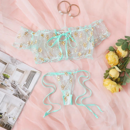Sexy Fancy Lingerie Set 2 Pieces Transparent Halter Off Shoulder Women's Underwear Beautiful Daisy Print Bra And Panty Sets