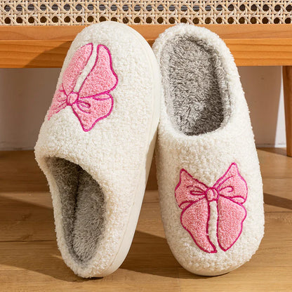 Fashion Cute Pretty Bow Women Slippers Indoor Winter Soft Sole Exquisite Warm Graceful Causal Dormitory Comfy Flat Cotton Shoes
