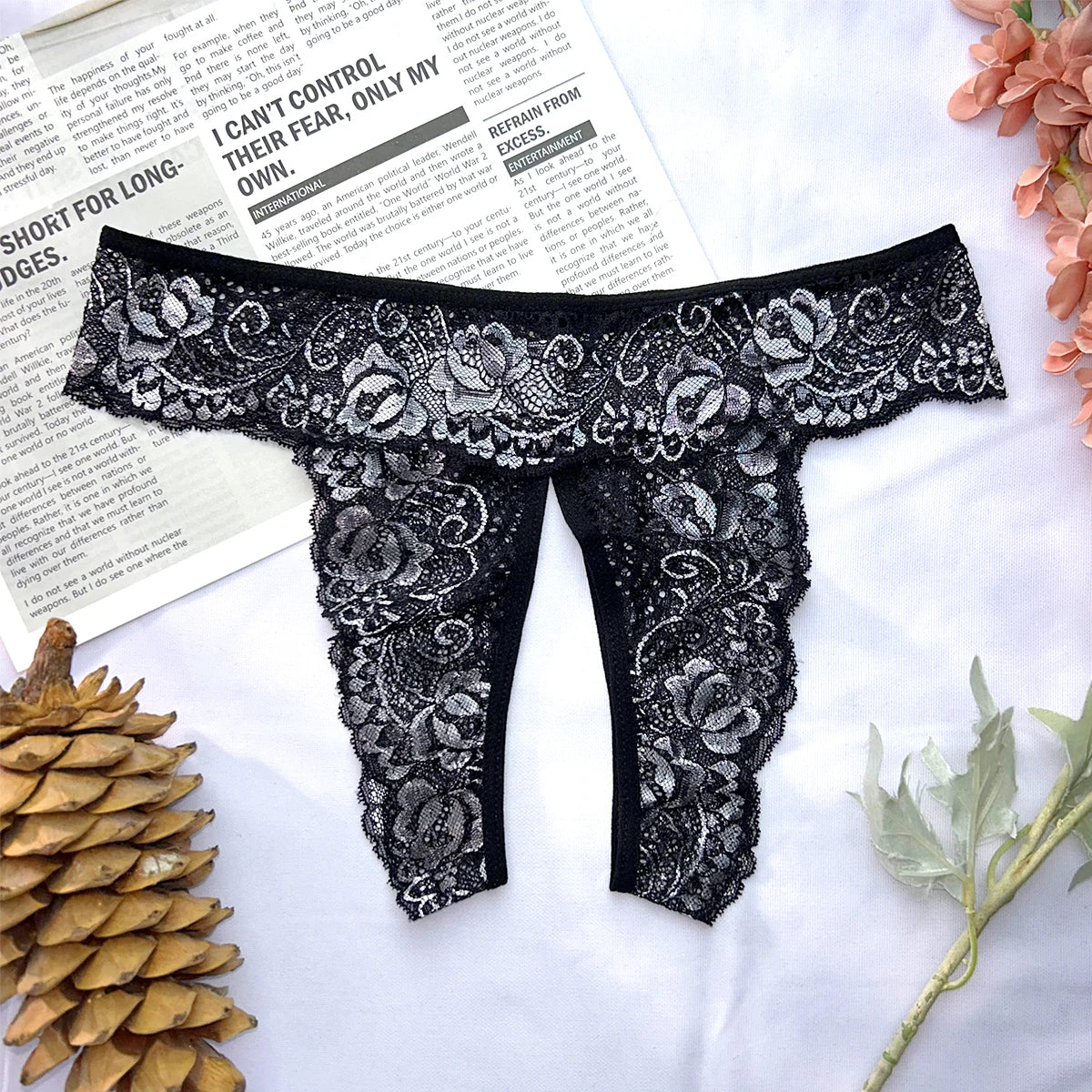 Transparent Lace Romantic Floral Thong Soft & Seductive Open Crotch Women's Underwear Sexy G-string Comfortable Female Lingerie