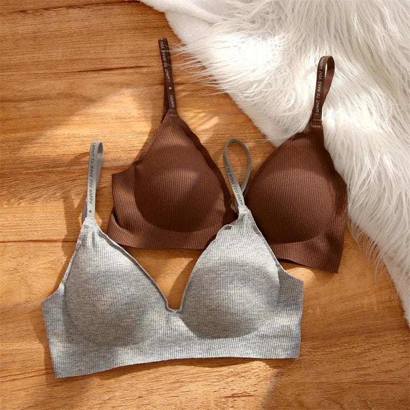 FINETOO Women Wireless Bra Deep V Padded Bralette S-XL Trendy Stripe Knitting Bras Sexy Ladies Brassiere Solid Underwear 6 Color