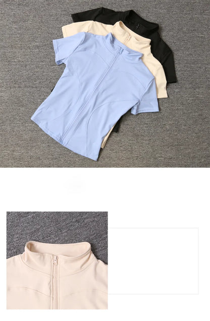 Summer High Quality Waist Slimming Training Tops Women's Quick-drying Tight Stand Collar Full Zipper Short Sleeves Yoga shirts