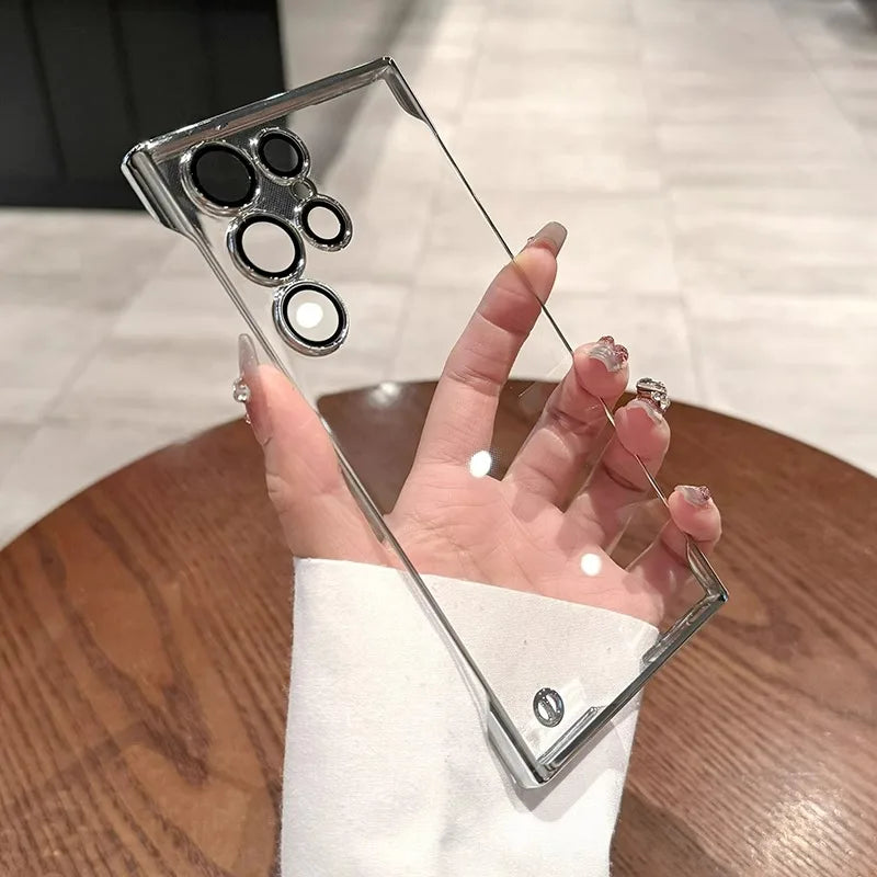 Luxury Plating Frameless Case For Samsung S25 S24 Ultra S23 S22 Ultra Transparent Camera Lens Film Protection Shockproof Cover