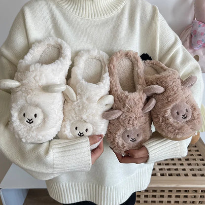 Women Home Fluffy Slippers Platform Anti Slip Comfortable Warm Shoes Cute Sheep Outdoor Couple Slippers Women Men Ladies Shoes