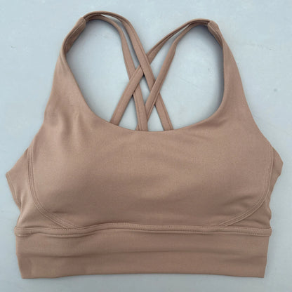 Solid Color Soft Cross Back Women Fitness Bra Tights Yoga Vest High Strength Shockproof Gym Sports Top Push Up With Chest Pad