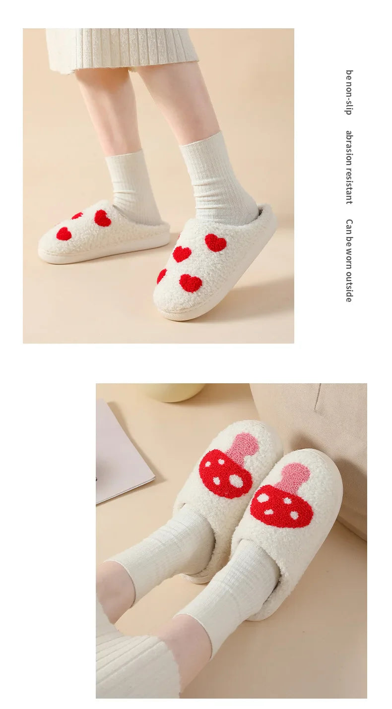 House Slippers for Women, Cute Big Small Heart, Fluffy Cozy Home Comfy Shoes for Ladies, Indoor Slippers for Winter, Mushroom