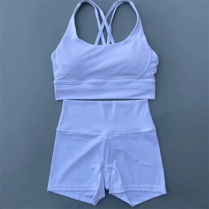 Solid Color gym bike Yoga Set short Legging +cross sport bra Tracksuit  Athletic Women Gym Suit Comprehensive Training Jogging