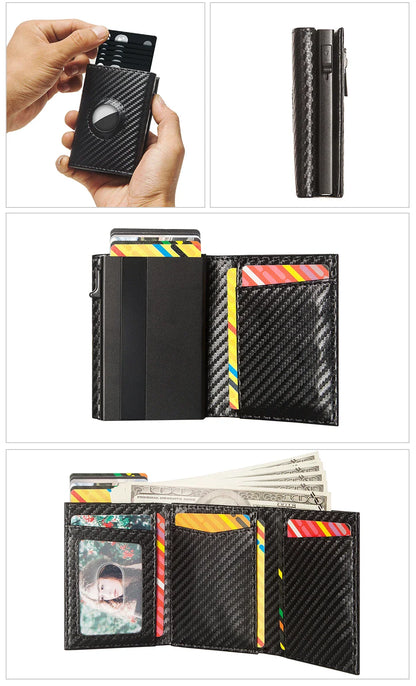 Men Smart Wallet Credit Card Holder for AirTag Carbon Fiber Aluminum Automatic Pop Out Cardholder Case with Money Clip