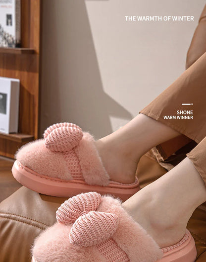 Women Fashion Plush Warm Bows Cotton Slippers Couple Winter New Thick Soft Sole Slides Men Indoor Floor Flat Home Non-slip Shoes